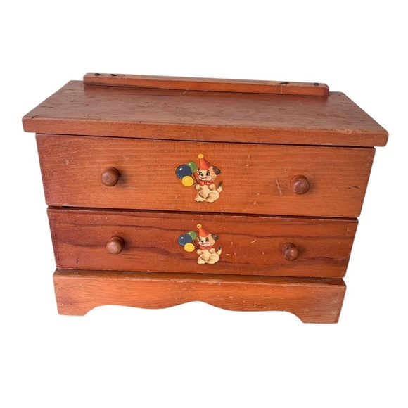 Vintage Wooden Toy Doll Chest with Drawers Jewelry Box Dog Decals - Picture 1 of 7